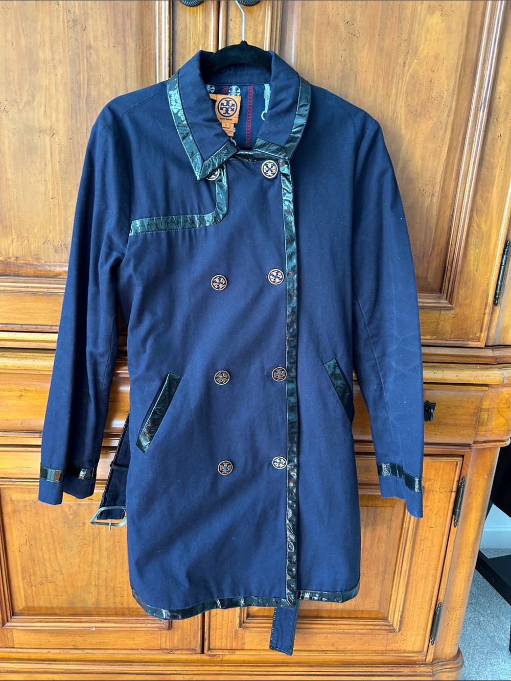 Tory Burch Navy Trench Coat with Black Trim and Multi-Colored Logo Buttons - Picture 7 of 7